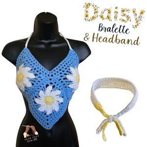 Blue Daisy Crochet Bralette & Headband Set, HandmadebyMe, Small-Large, Y2k